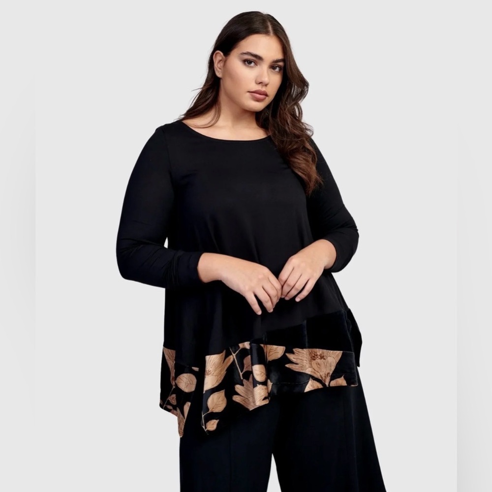 Alembika Gillian Trapeze Top | Floral Hem | Black | Size 7 (US 18–20) | NWT